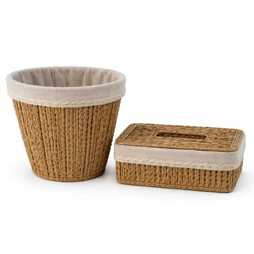 360 HOME BASKET STRAW 24*24*25/  25*14*10CM SET 2PCS TISSU BOX RECTANGULAR+CONTAINER BIN  FLARED SHAPE BEIGE VERTICAL RIDGES TEXTURED PATTERN

