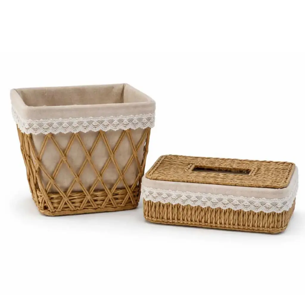 360 HOME BASKET  STRAW 24×21×24/22×12×9CM SET 2PCS RECTANGULAR ORGANIZER BIN SHALLOWER BASKET TISSU BOX WITH FABRIC LINING
