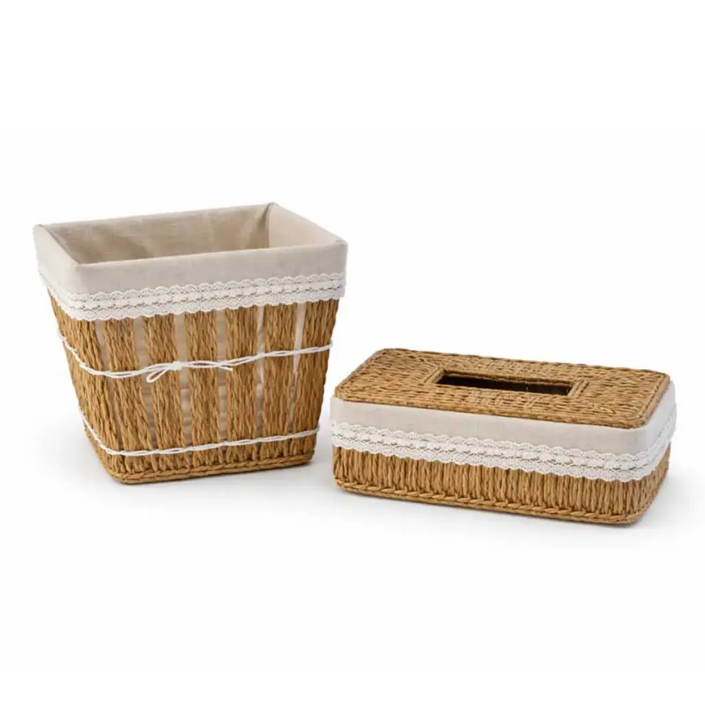 360 HOME BASKET STRAW 24×21×24/22×12×9CM SET 2PCS CONTAINER BIN WHITE FABRIC OR LACE TRIM LINING THE TOP+TISSU BOX WHITE BAND AROUND ITS LOWER SECTION