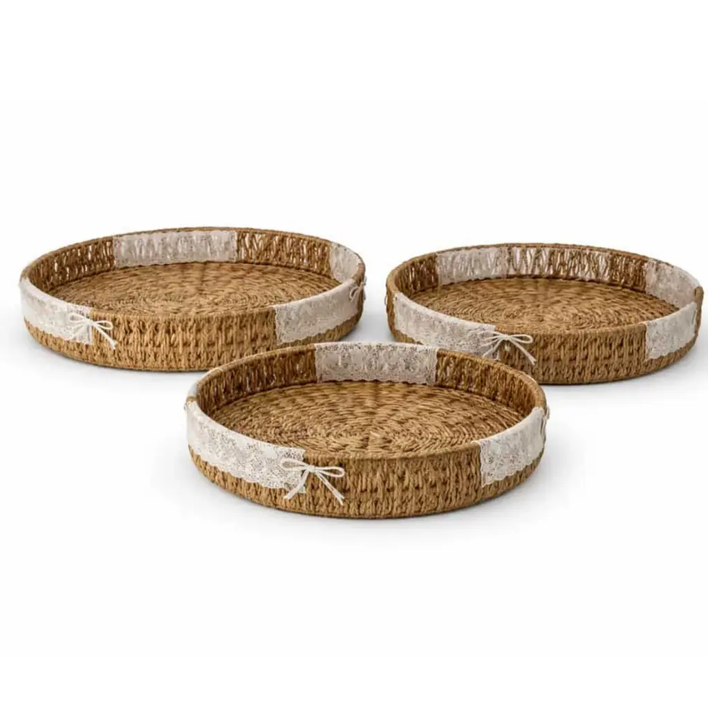 360 HOME TRAY STRAW 32*32*6/28*28*5.5/24*24*5CM SET 3PCS ROUND SHAPED DESIGNED IN MODERN ARTISTIC STYLE WITH TRADITIONNAL INDIAN CRAFTSMANSHIP