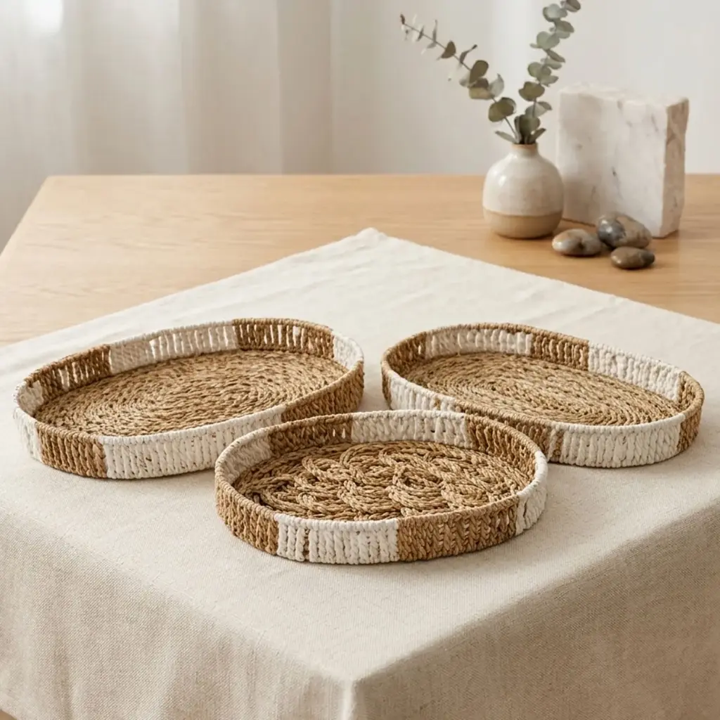 360 HOME TRAY STRAW 36*28*6/32*24*5.5/28*20*5CM SET 3PCS ROUND SHAPED DESIGNED IN MODERN ARTISTIC STYLE WITH TRADITIONNAL INDIAN CRAFTSMANSHIP