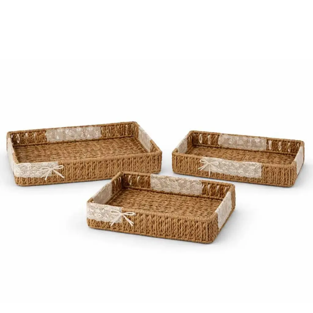 360 HOME TRAY STRAW 30*30*6/26*26*5.5/22*22*5CM SET 3PCS RECTANGULAR SHAPED DESIGNED IN MODERN ARTISTIC STYLE WITH TRADITIONNAL INDIAN CRAFTSMANSHIP