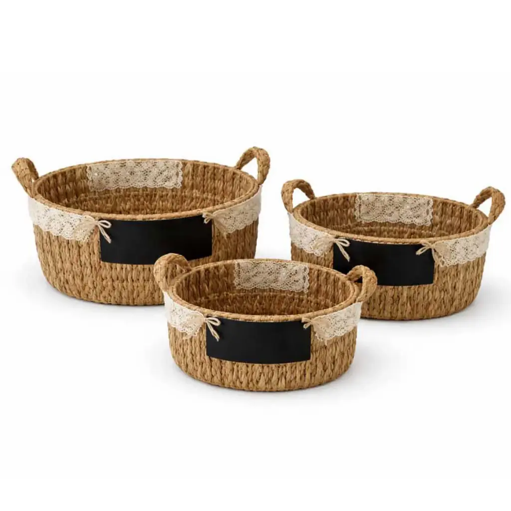 360 HOME BOWL STRAW 30*30*17/25*25*15/20*20*13CM SET 3PCS RUSTIC ROUNDED SHAPE 2 SMALL LOOPED HANDLES ON OPPSITE SIDES