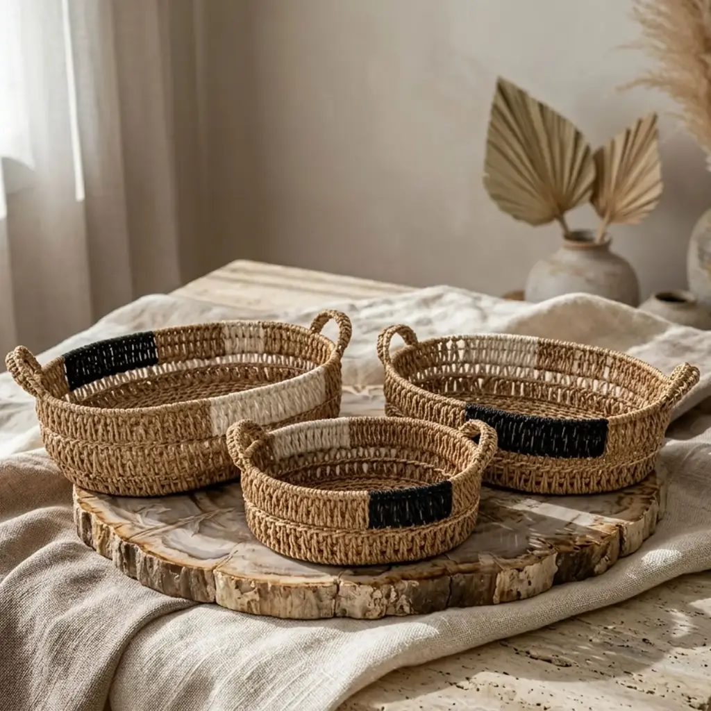 360 HOME BOWL STRAW 35*28*17/30*22*15/25*18*13CM SET 3PCS RUSTIC ROUNDED SHAPE 2 SMALL LOOPED HANDLES ON OPPSITE SIDES