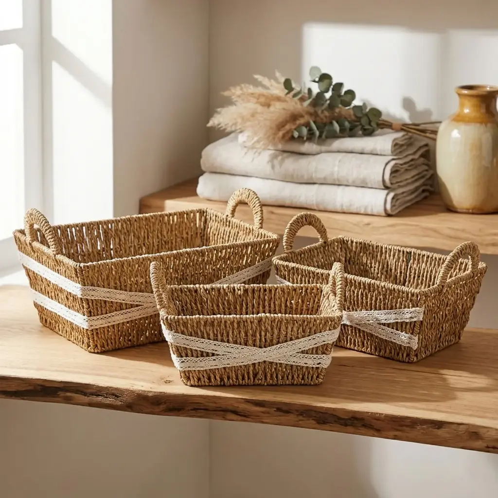 360 HOME BOWL STRAW 31*22*25/27*17*22/22*12*20CM SET 3PCS RUSTIC SHAPED SHAPE 2 SMALL LOOPED HANDLES ON OPPSITE SIDES
