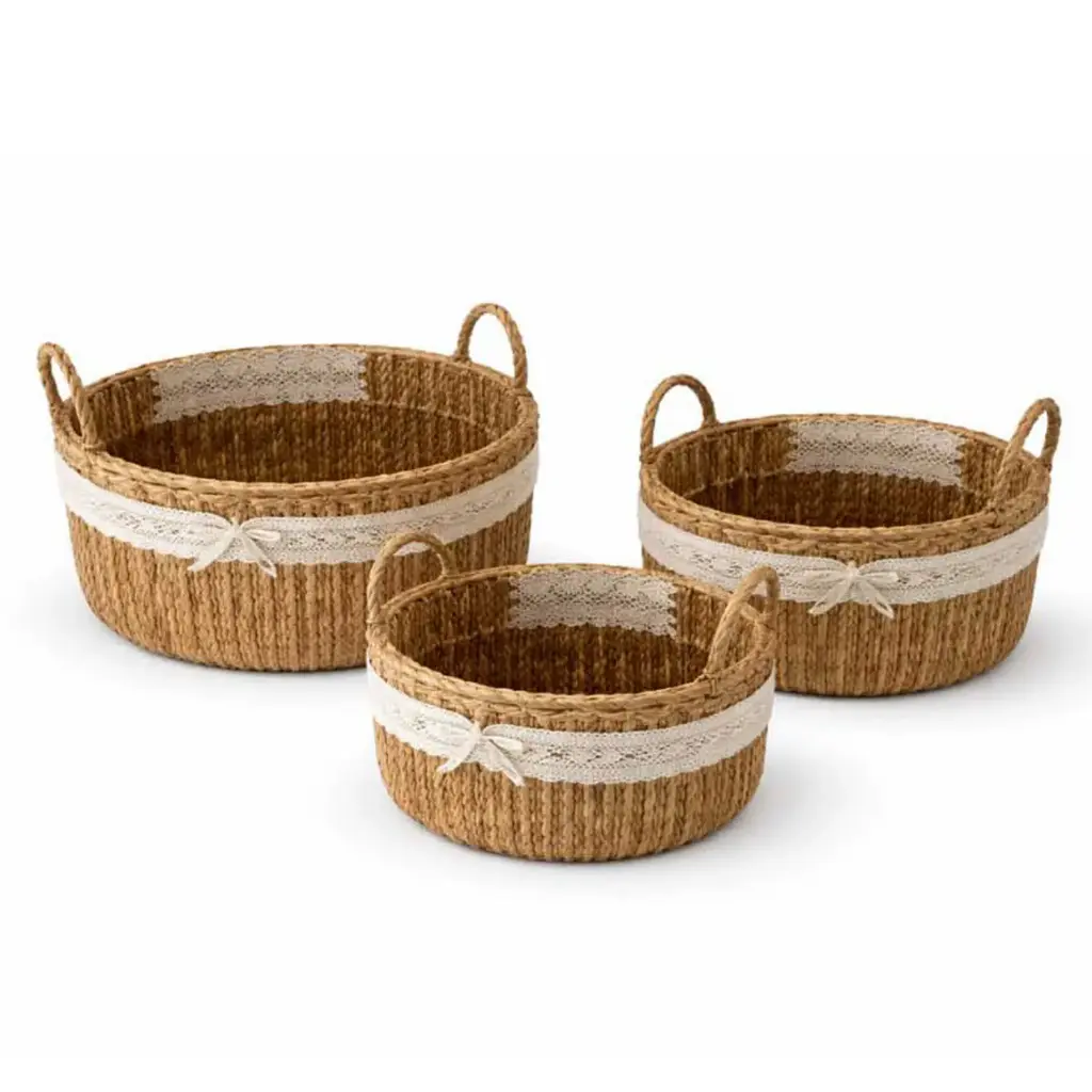 360 HOME BASKET STRAW 32*32*11/25*25*10/22*22*9CM SET 3PCS ROUND DESIGNED TO STACK OR NEST WITHIN ONE ANOTHER  SMALL INTEGRATED LOOP HANDLES