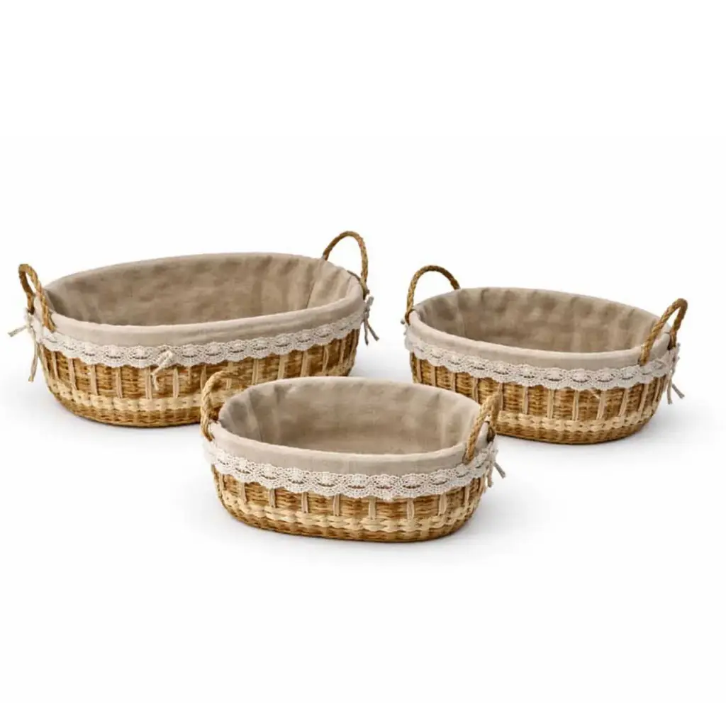 360 HOME BASKET STRAW 36*24*11/31*21*10/25*17*9CM SET 3PCS OVAL SHAPE WITH ROUNDED CORNERS AND 2 SMALL FIXED LOOP HANDLES