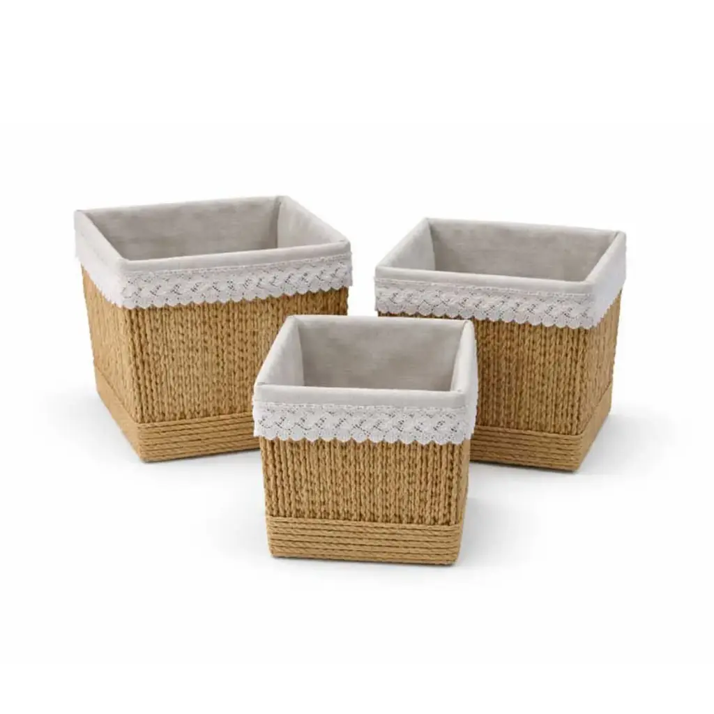 360 HOME BASKET STRAW 37*27*23.5/32*23*21.5/28*20*19.5CM SET 3PCS SQUARE SHAPE SCALLOPED TRIM NATURAL LIGHT COLOR REMOVABLE FABRIC LINER WHITE OR ECRU OPEN TOP