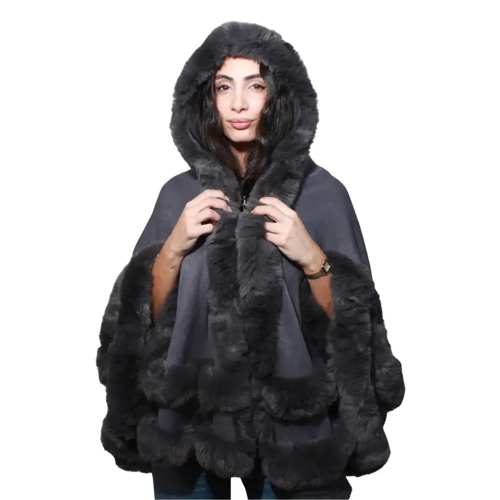 360 COTTON  LADIES SOFT COZY PUNCHO, FUR DESIGN CHARCOAL GREY WITH PLUSH FAUX FUR TRIM ALONG THE COLLAR