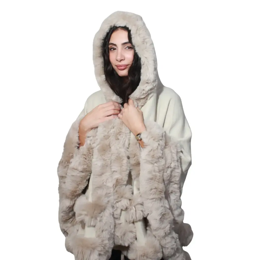 360 COTTON  LADIES SOFT COZY PUNCHO, FUR DESIGN OFF WHITE WITH PLUSH FAUX FUR TRIM ALONG THE COLLAR