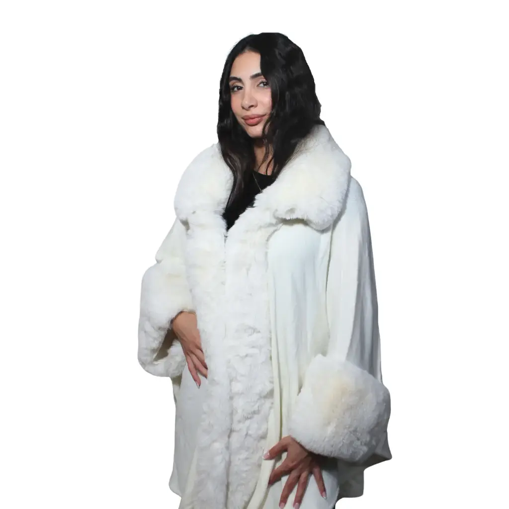 360 COTTON  LADIES SOFT COZY PUNCH OFF-WHITE FAUX-FUR COLLAR AND CUFFS FRONT OPEN STYLE WITH SOFT DRAPING