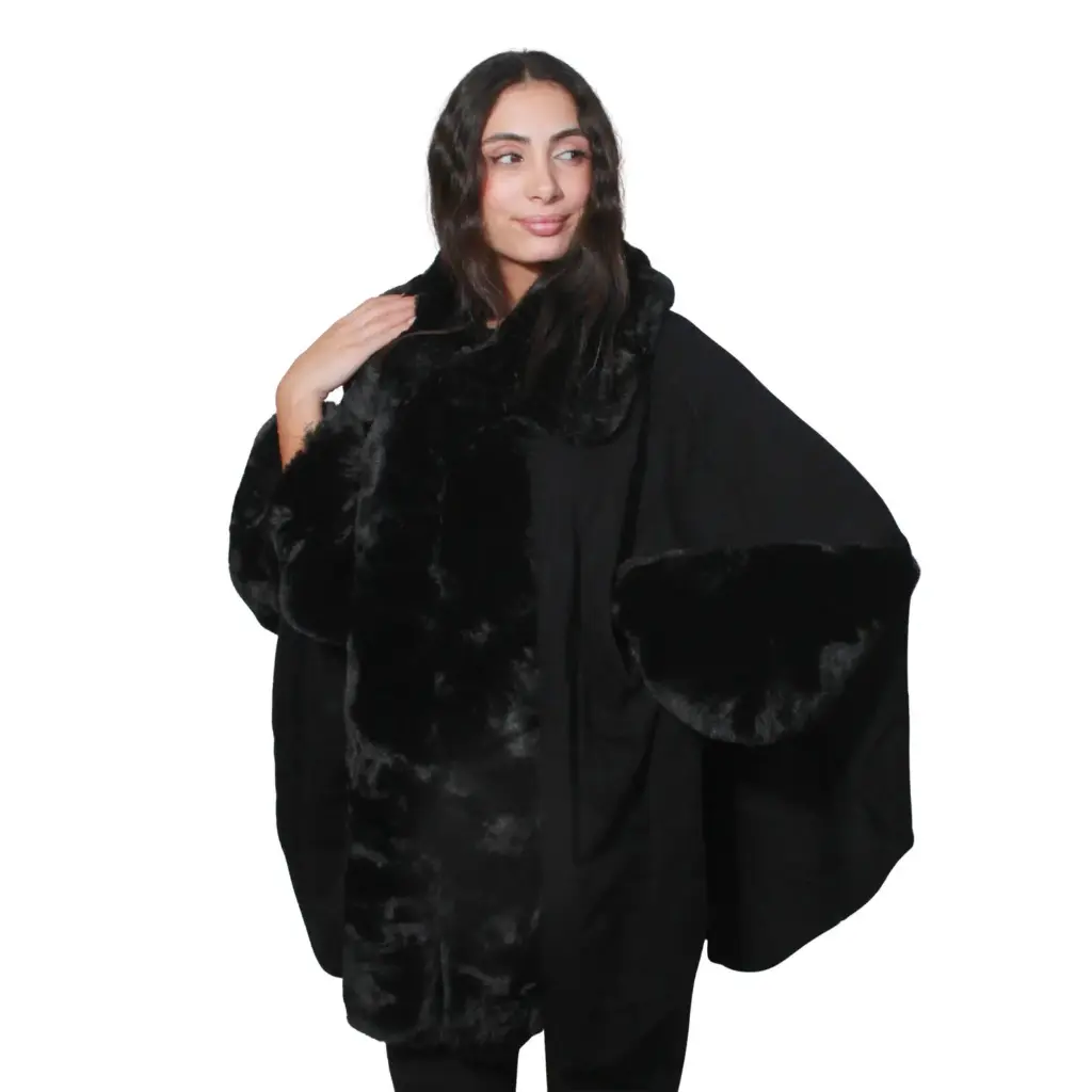 360 COTTON  LADIES SOFT COZY PUNCHO BLACK FAUX-FUR COLLAR AND CUFFS FRONT OPEN STYLE WITH SOFT DRAPING