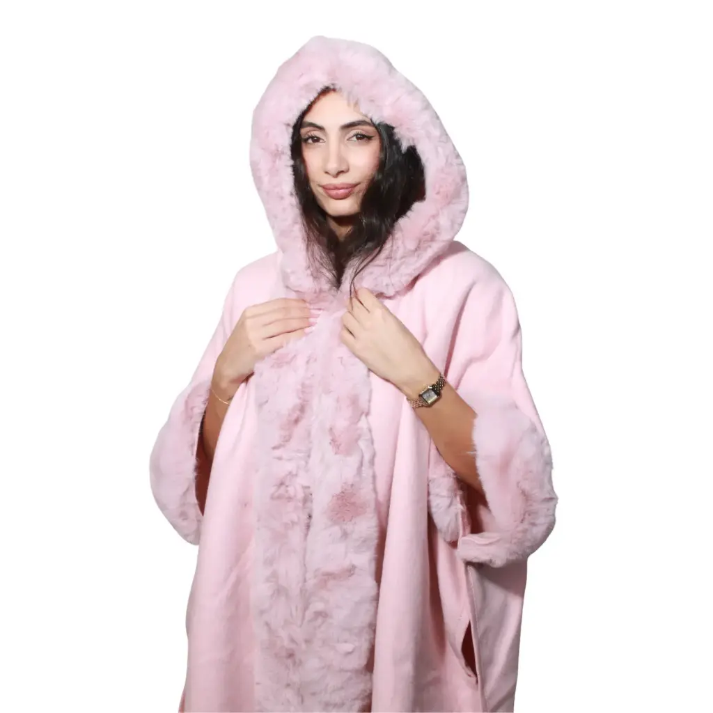 360 COTTON  LADIES SOFT COZY PUNCHO PINK FUR DESIGN