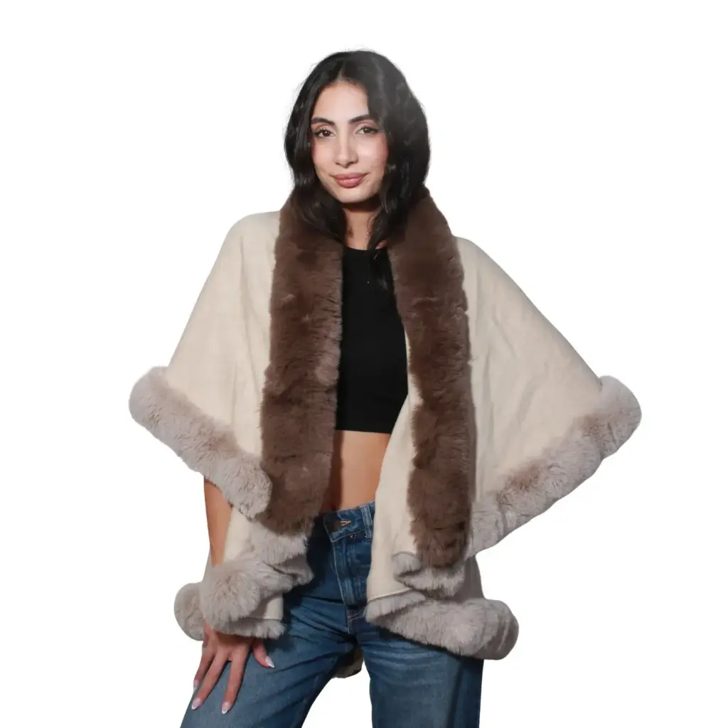 360 COTTON  LADIES SOFT COZY PUNCHO BEIGE & BROWN FUR DESIGN