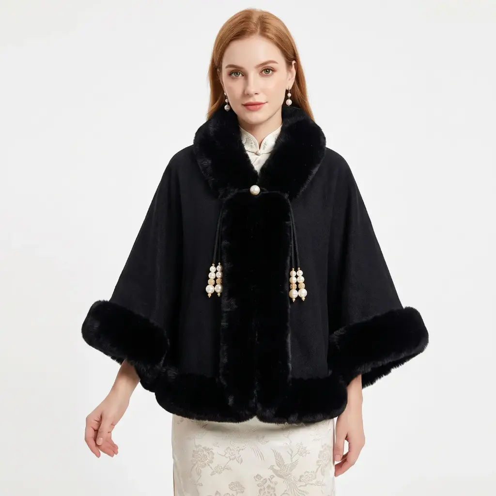 360 COTTON  LADIES SOFT COZY PUNCHO BLACK FAUX-FUR COLLAR AND CUFFS FRONT OPEN STYLE WITH SOFT DRAPING