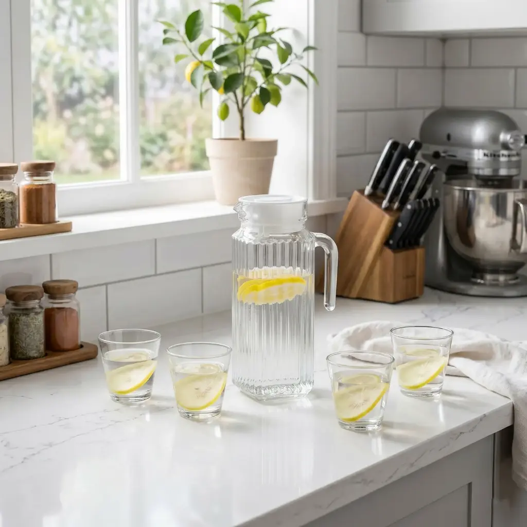 360 HOME MY KITCHEN GLASS JUG SET WITH 4 CUPS 7.5*23.5CM 
8.2*7.7CM 1.1L*1
200ML*4
