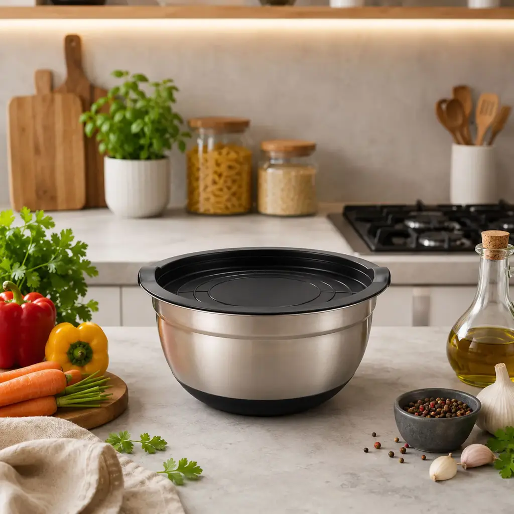 360 HOME MY KITCHEN STAINLESS FOOD CONTAINER WITH COVER BLACK LID, BLACK SILICONE BASE, SILVER BODY 18CM