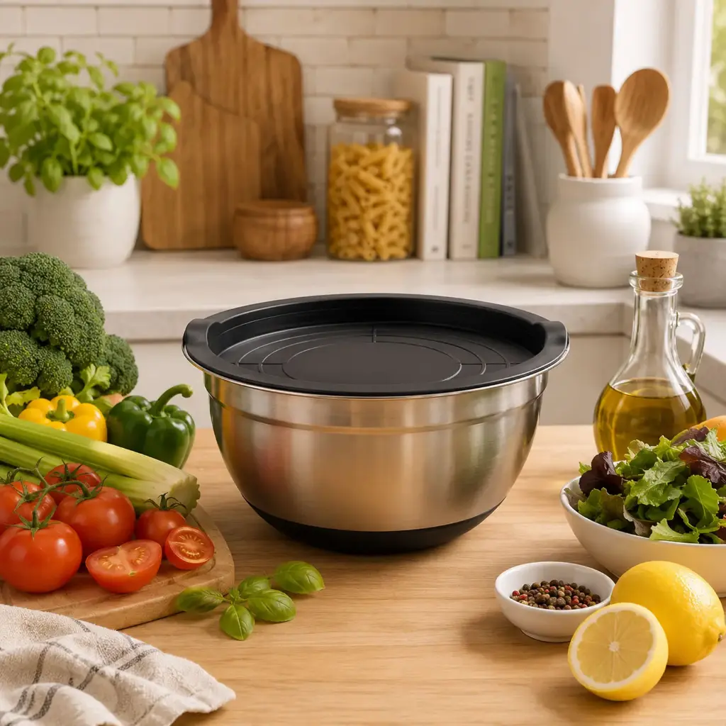 360 HOME MY KITCHEN STAINLESS FOOD CONTAINER WITH COVER BLACK LID, BLACK SILICONE BASE, SILVER BODY 22CM