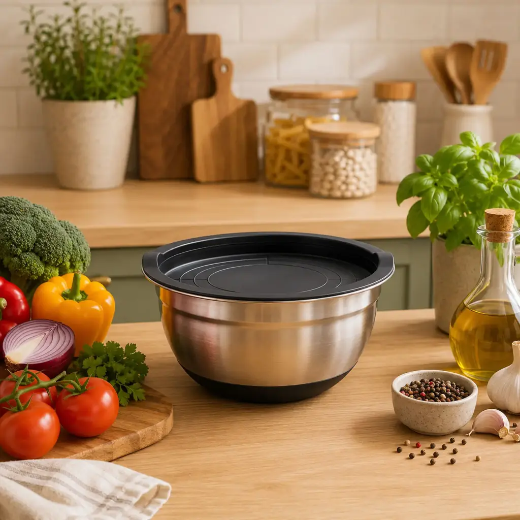 360 HOME MY KITCHEN STAINLESS FOOD CONTAINER WITH COVER BLACK LID, BLACK SILICONE BASE, SILVER BODY 26CM