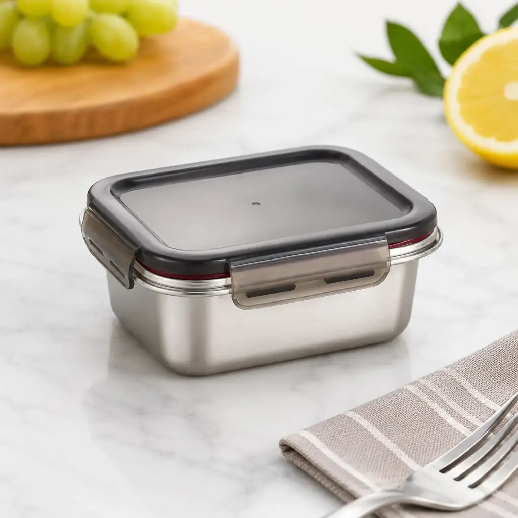 360 HOME MY KITCHEN STAINLESS FOOD CONTAINER WITH COVER BLACK CAP, SILVER BODY 650ML