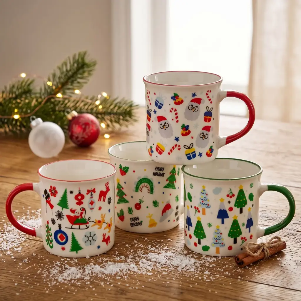 360 HOME MY HOME CHRISTMAS MUG WITH RED AND GREEN HANDLES ICONS AND TREE PRINTS 210ML NORMAL PACKING 12PCS
