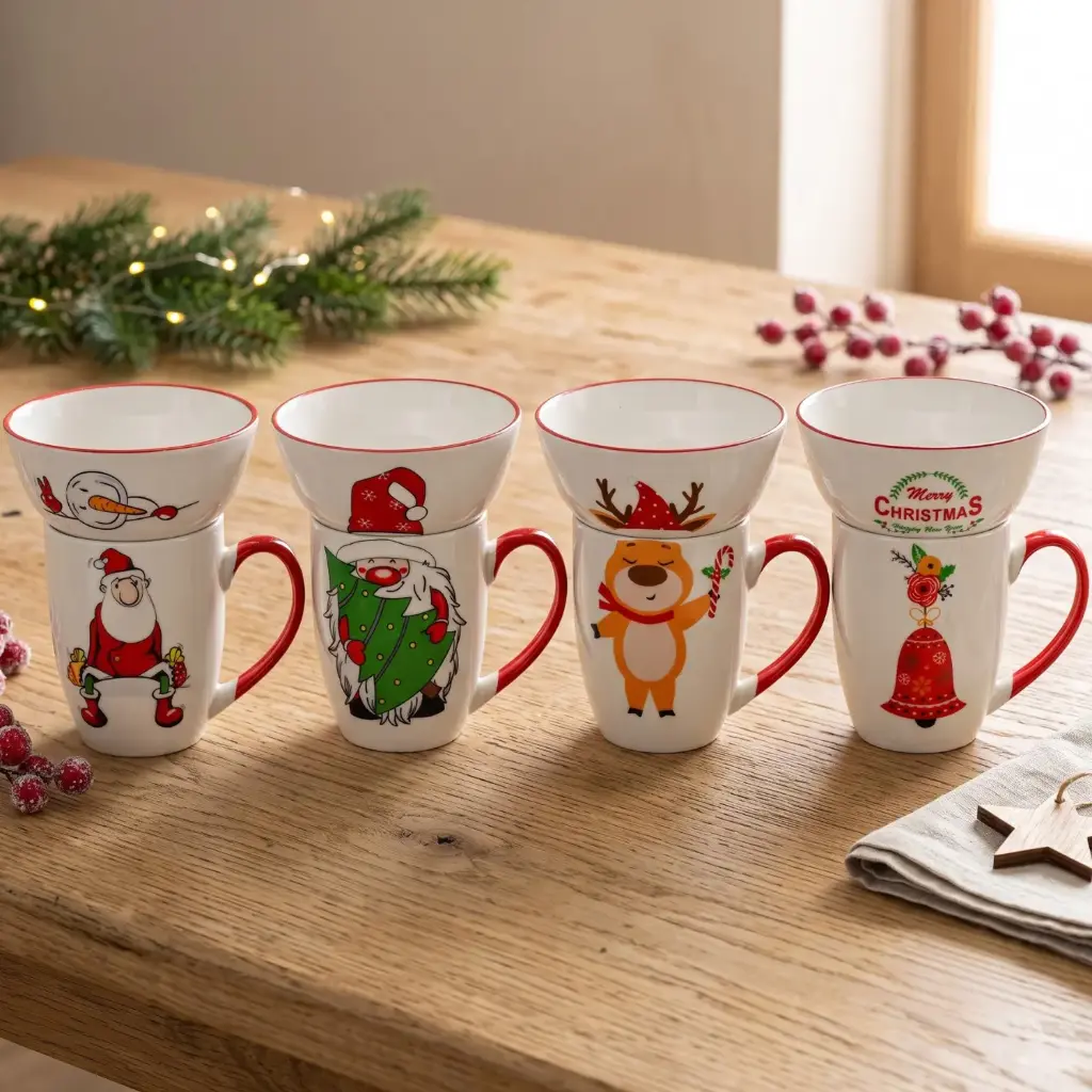360 HOME MY HOME CHRISTMAS MUG 340ML BOW WITH HOLIDAY CHARACTER PRINTSL:4.5INCH PACKAGE 4 SETS