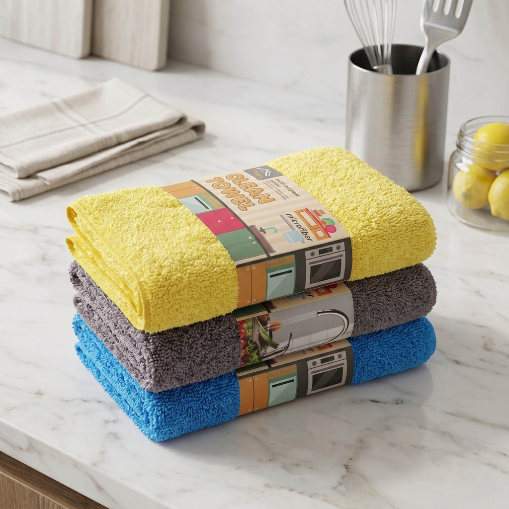 360 HOME MY KITCHEN MICROFIBER TOWELS 3PCS 300G WARP-KNITTED POLYESTER/NYLON HIGH AND LOW PILE OVERLOCK WAISTBAND (WITH HOOK) 30*40CM