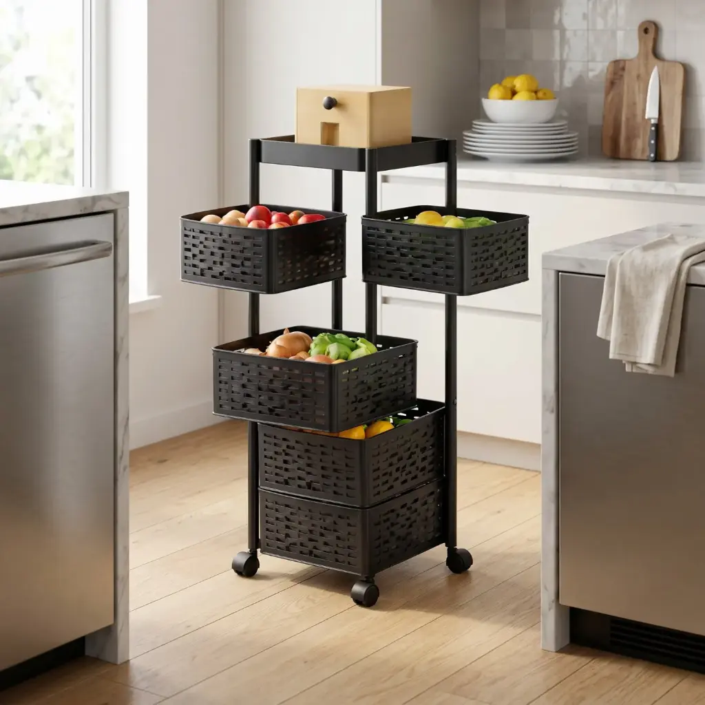 360 HOME STEEL BASKET METAL FRAME MULTI-TIER ROLLING STORAGE 86X32X32CM