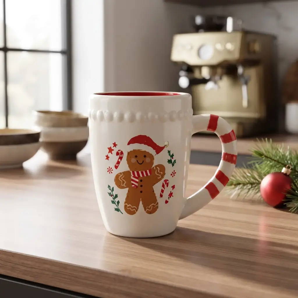 360 HOME CHRISTMAS MUG GINGERBREAD MAN WEARING A SANTA HAT STRIPED HANDLE 9.5*9.5*11CM BOX OF 24