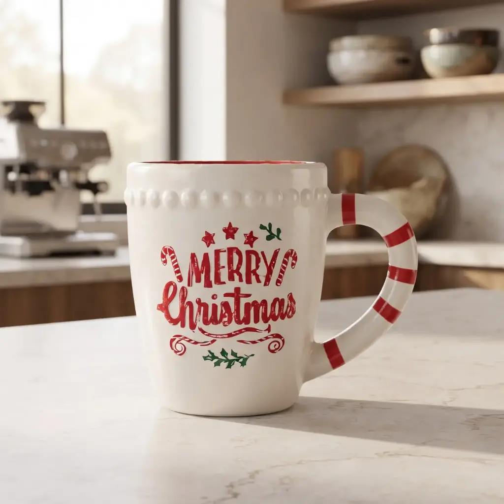 360 HOME CHRISTMAS MUG “MERRY CHRISTMAS” WHITE & RED STRIPED HANDLE 9.5*9.5*11CM BOX OF 24