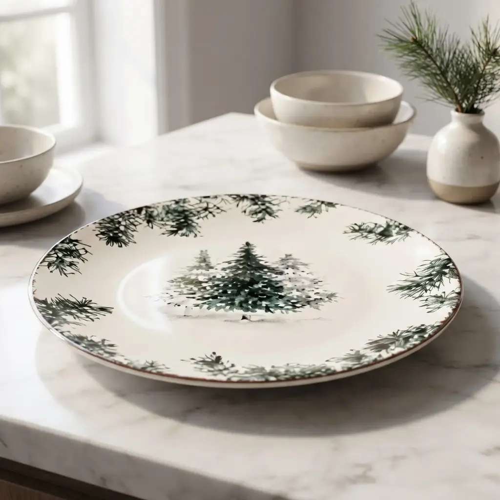 360 HOME CHRISTMAS ROUND CERAMIC PLATE RUSTIC WINTER WOODLAND DESIGN 26.5*CM BOX OF 25