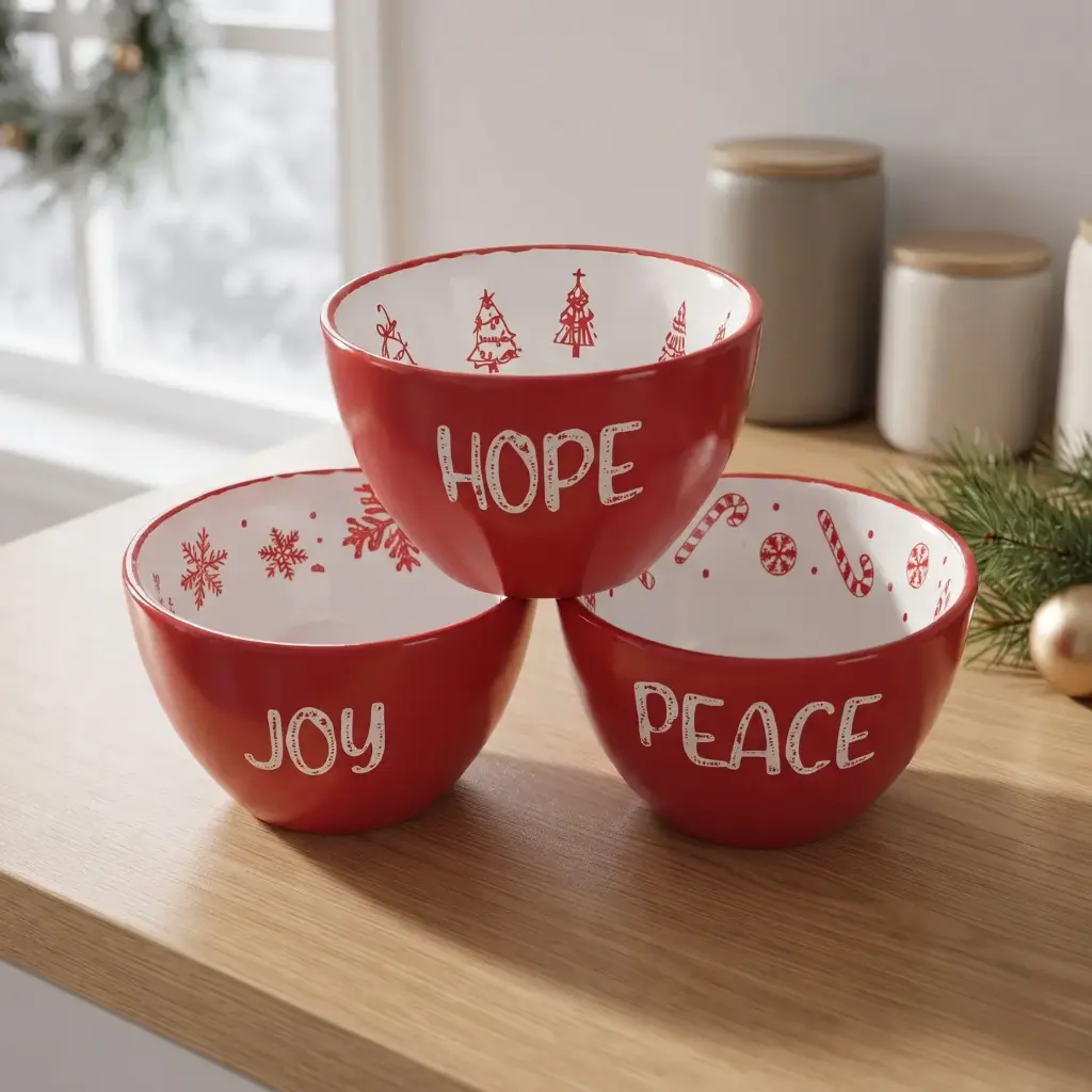 360 HOME CHRISTMAS CERAMIC BOWL SET OF 3 RED & WHITE 12.5*7CM BOX OF 72