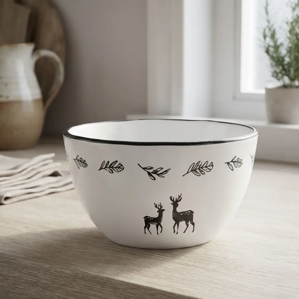360 HOME CHRISTMAS CERAMIC BOWL WHITE WITH BLACK RIM13.5*7CM BOX OF 48