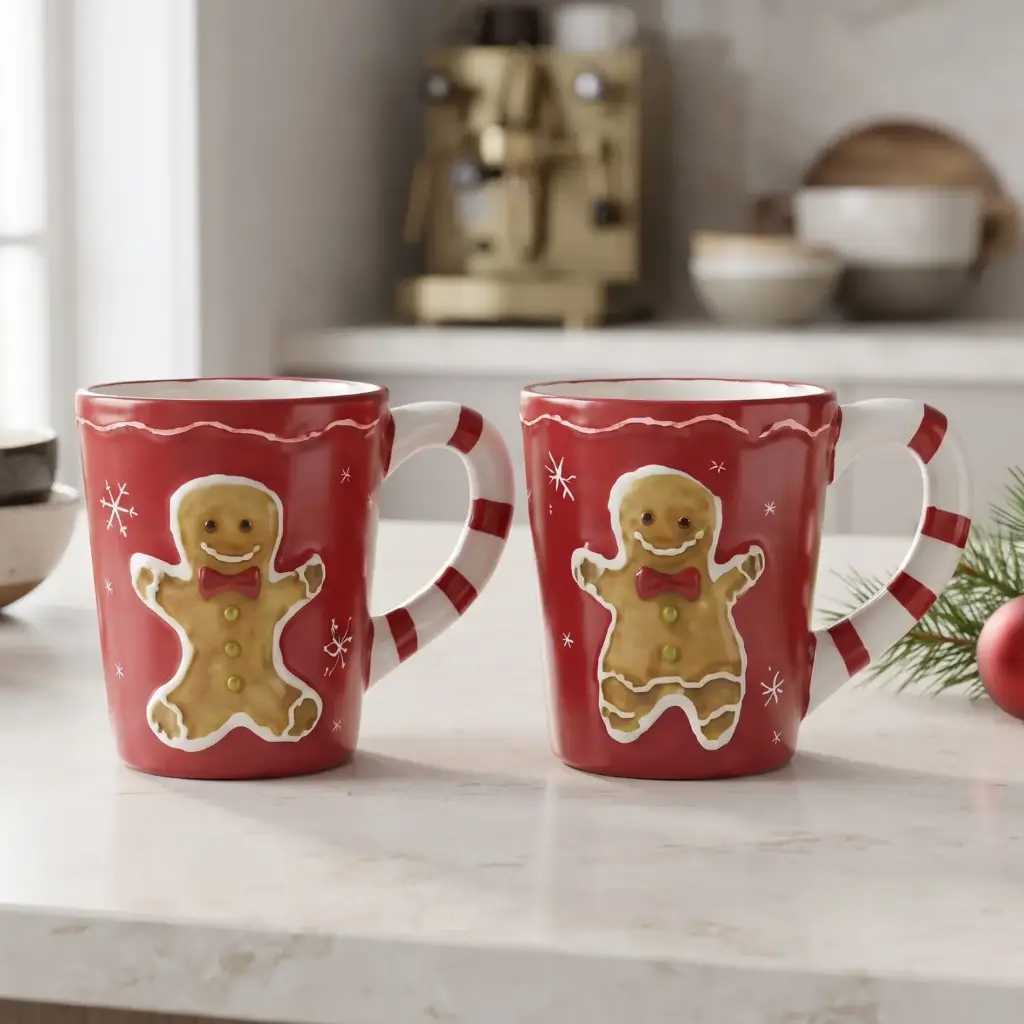 360 HOME CHRISTMAS CERAMIC MUG SET OF 2 GINGERBREAD MAN ON DEEP RED BACKGROUND10.5*9.5CM BOX OF 36