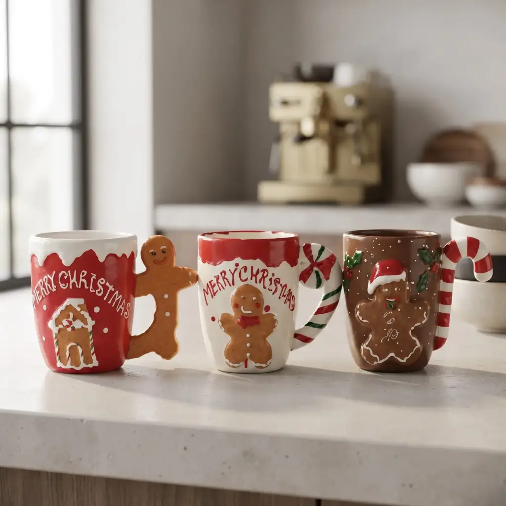 360 HOME CHRISTMAS CERAMIC MUG SET OF 3 CANDY CANE HANDLES GINGERBREAD MAN 9*9*10CM BOX OF 48