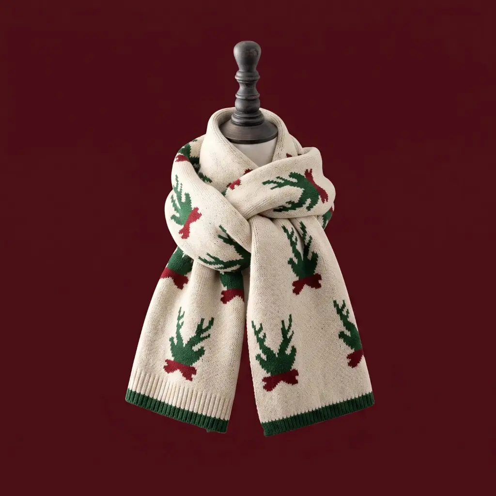 360 COTTON CHRISTMAS SCARF DOUBLE ANTLER SCARF BEIGE REGULAR LENGTH