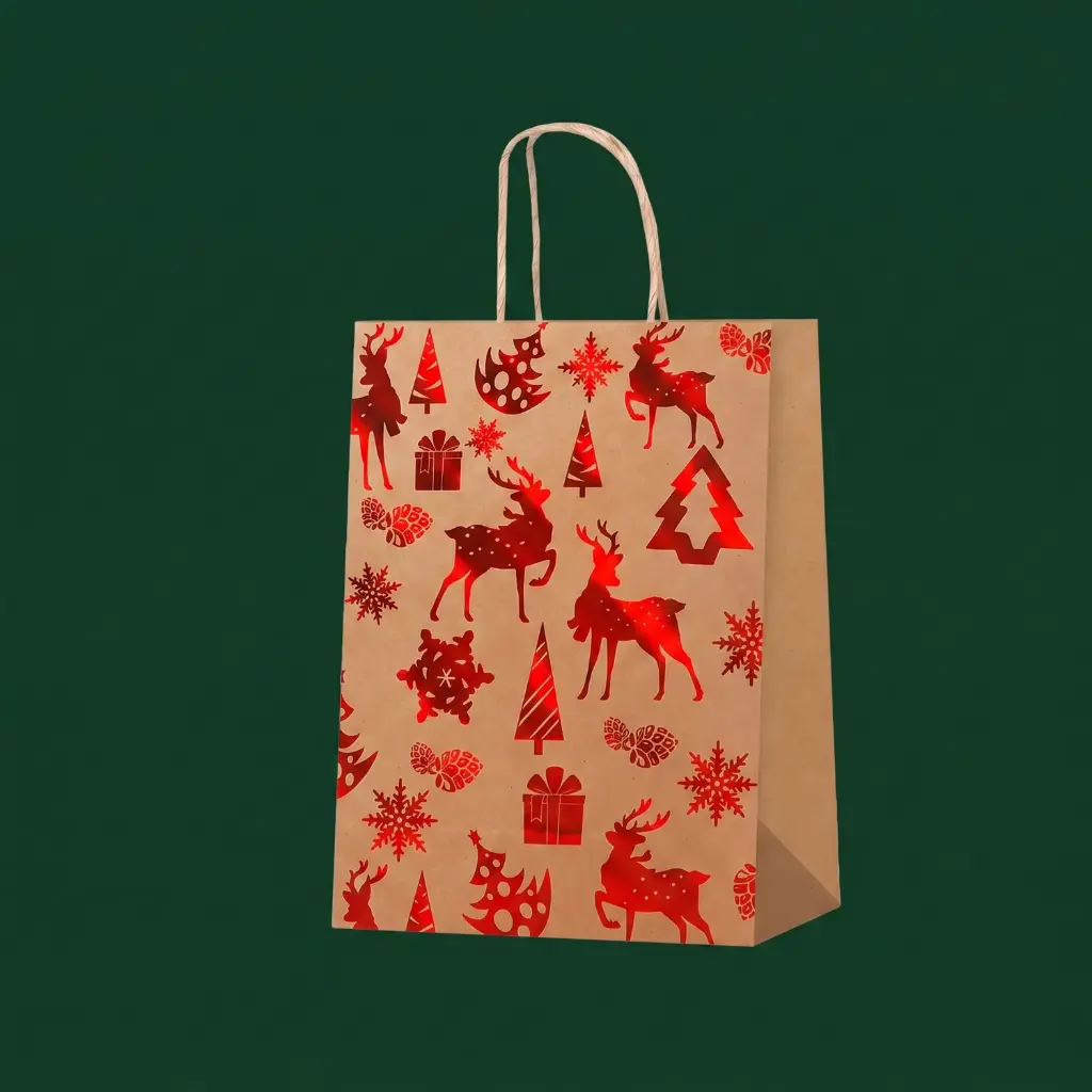 360 HOME CHRISTMAS GIFT PAPER BAG GOLD EMBOSSED DEER FLUTTERING WIDLY 