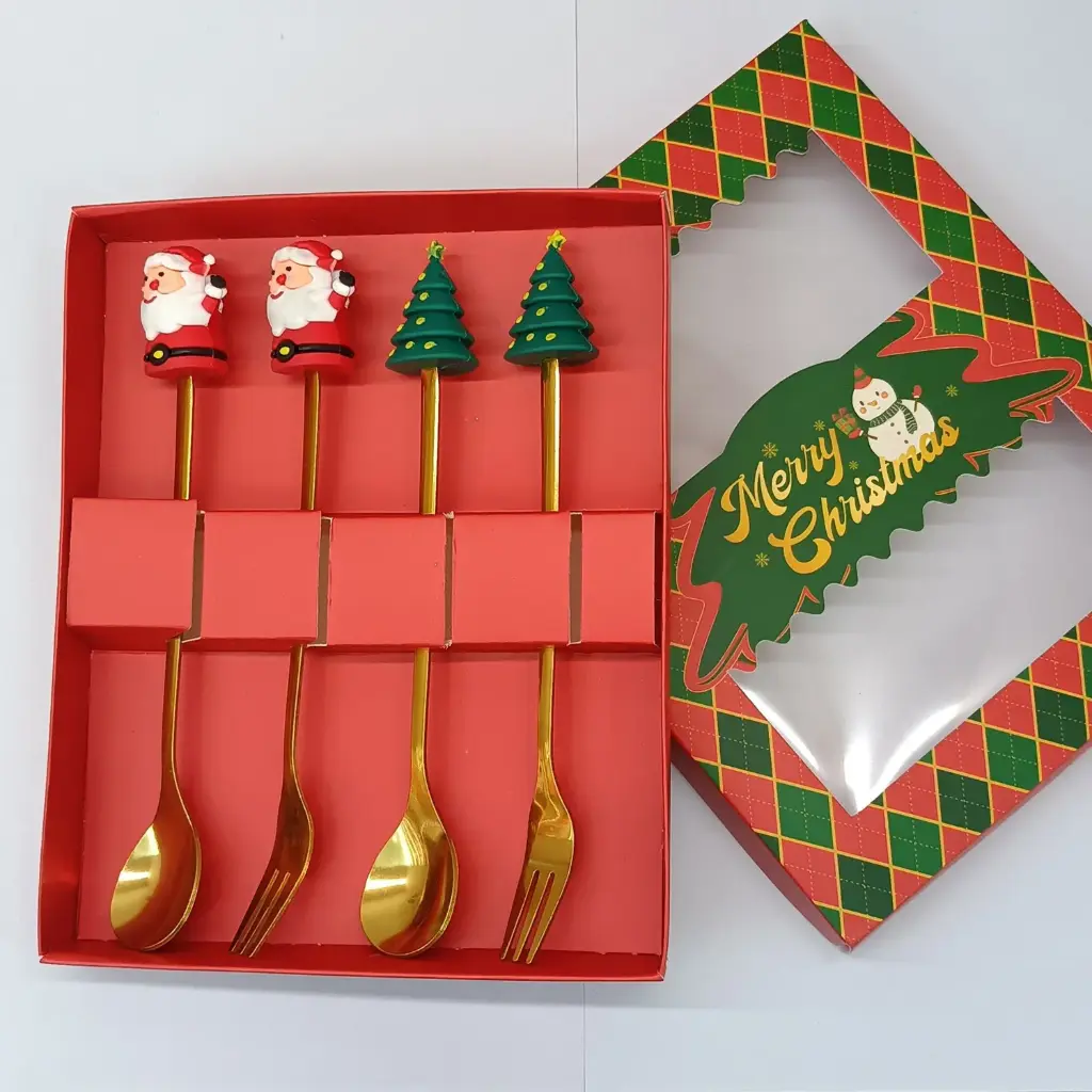 360 HOME CHRISTMAS CUTLERY SET MACHINE THROW FIGURINE SPOON 4PCS CHRISTMAS RED BOX 