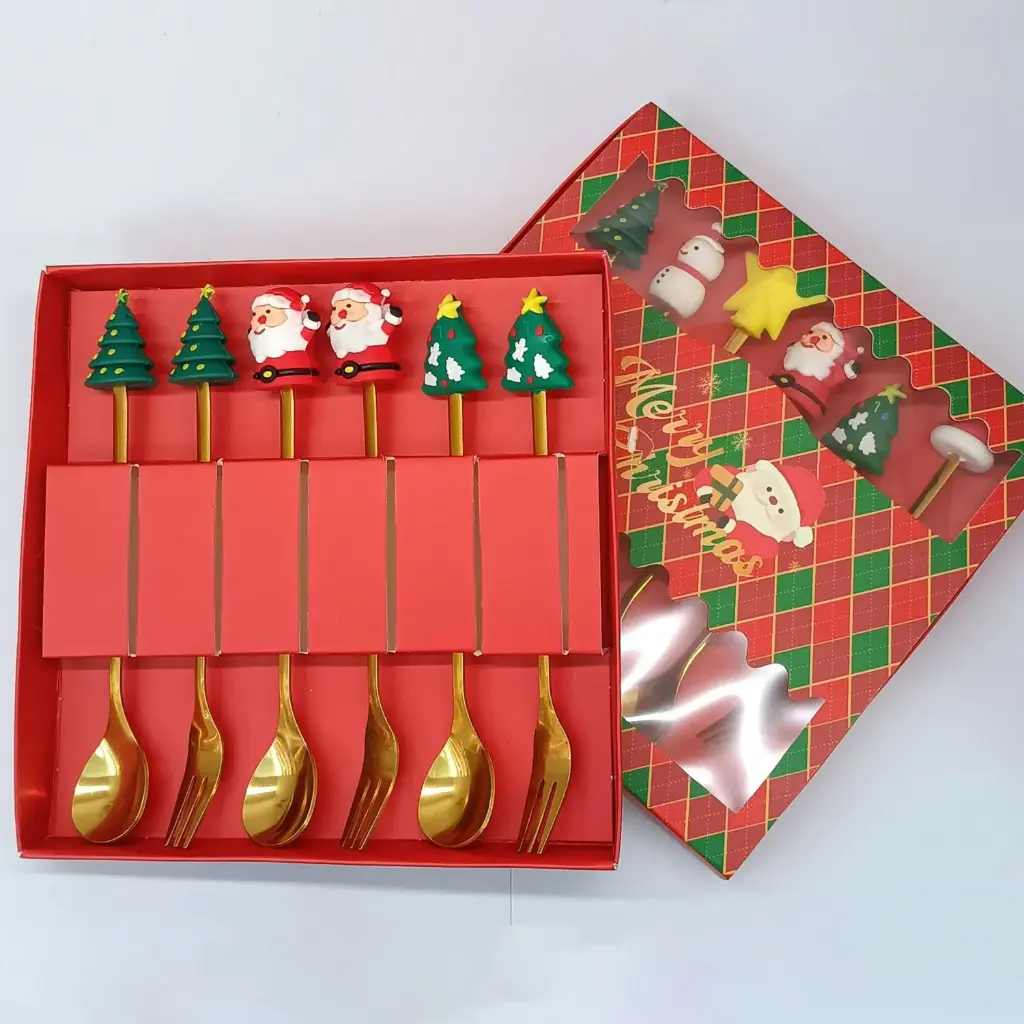 360 HOME CHRISTMAS CUTLERY SET MACHINE THROW FIGURINE SPOON FORK 6PCS CHRISTMAS RED BOX 