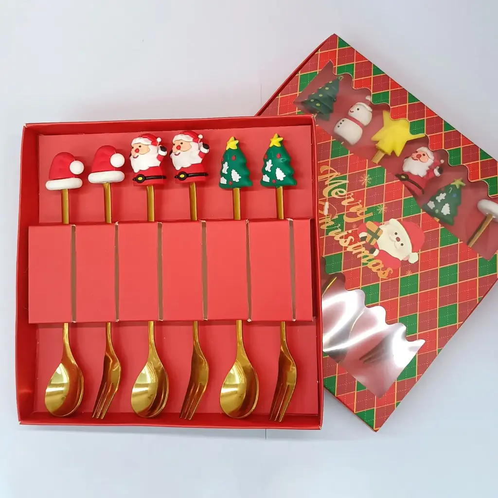 360 HOME CHRISTMAS CUTLERY SET MACHINE THROW FIGURINE SPOON FORK 6PCS CHRISTMAS RED BOX 