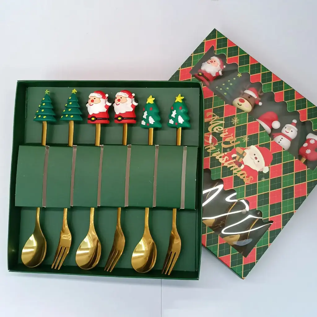 360 HOME CHRISTMAS CUTLERY SET MACHINE THROW FIGURINE SPOON FORK 6PCS CHRISTMAS GREEN BOX 