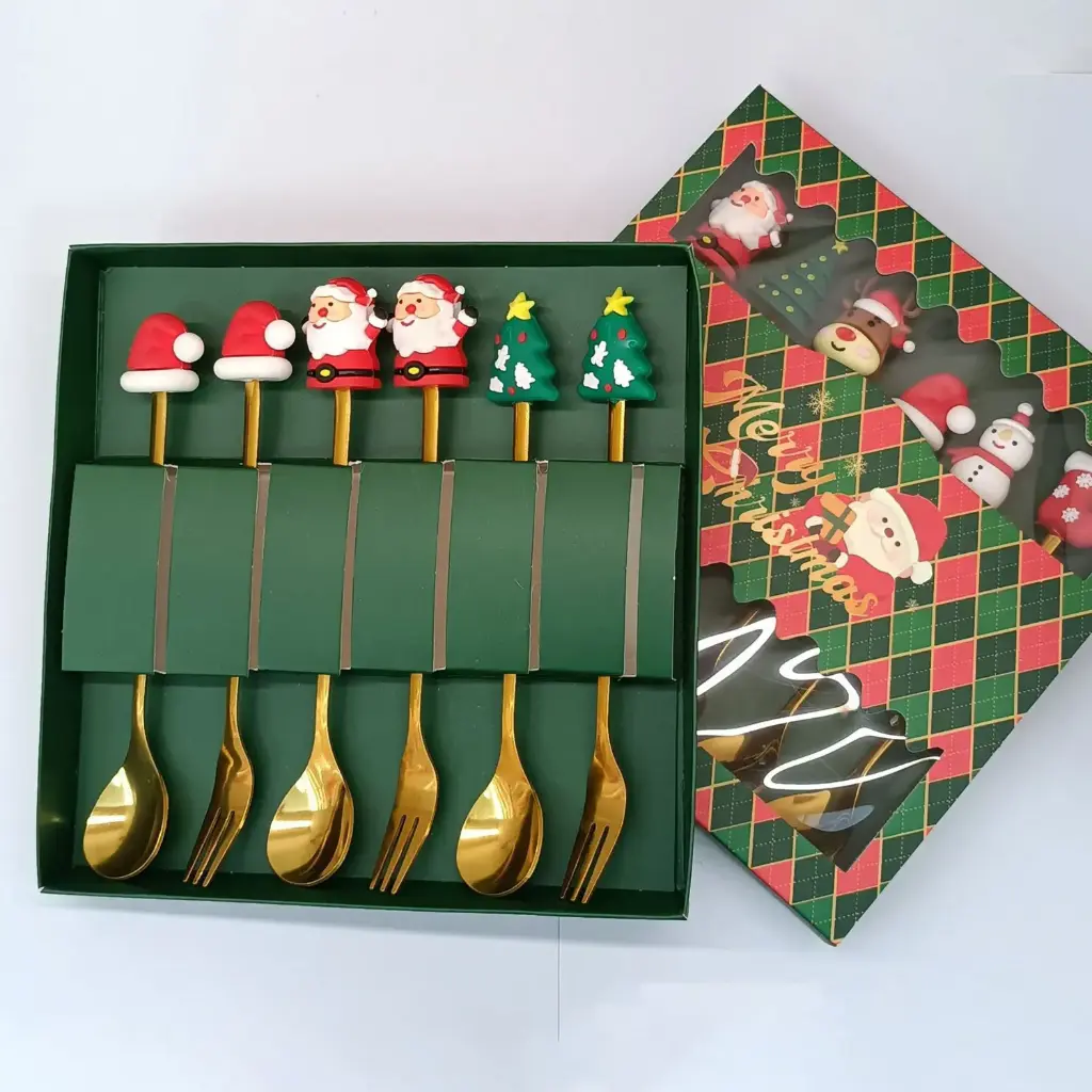 360 HOME CHRISTMAS CUTLERY SET MACHINE THROW FIGURINE SPOON FORK 6PCS CHRISTMAS GREEN BOX 