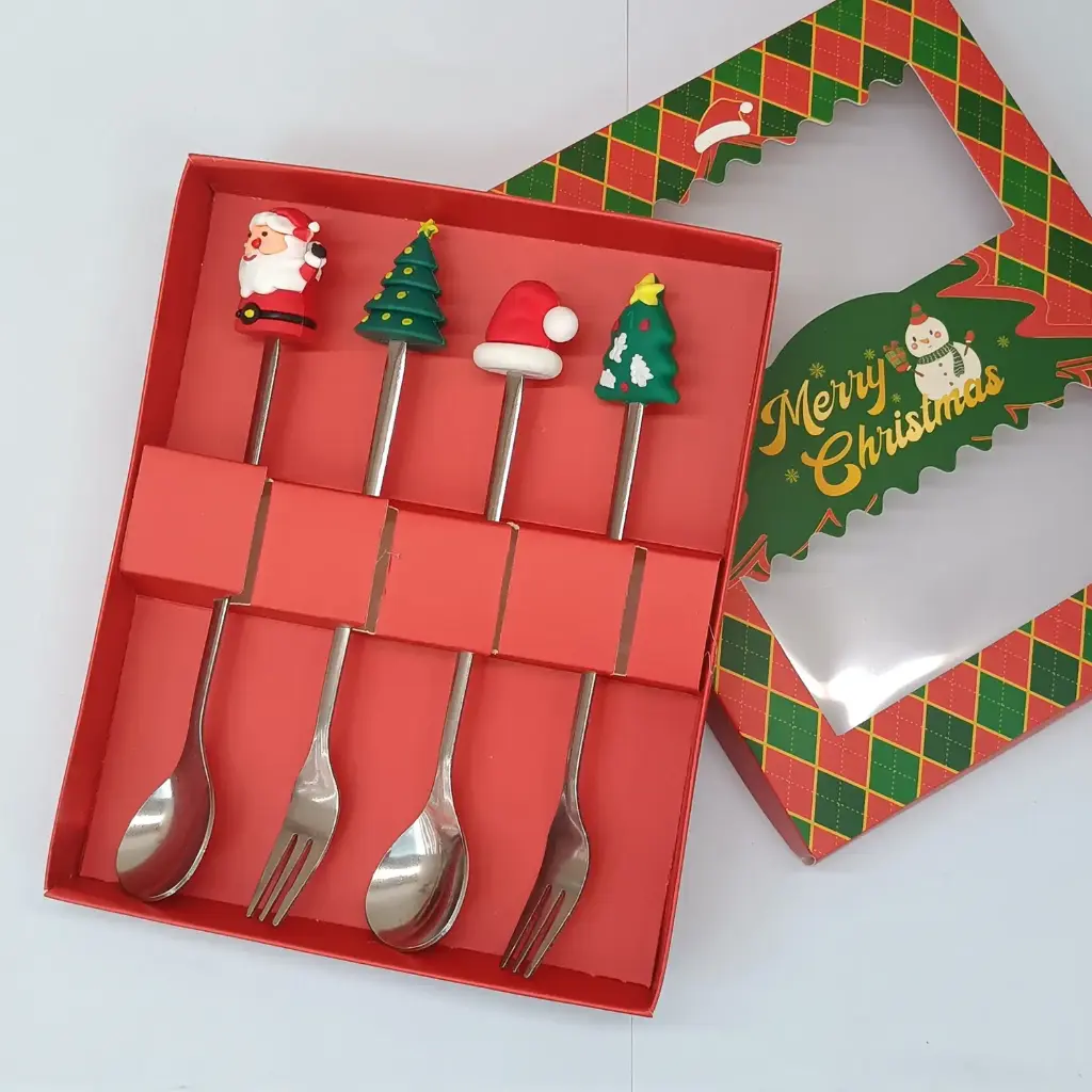 360 HOME CHRISTMAS CUTLERY SET SILVER MACHINE THROW FIGURINE SPOON FORK 4PCS CHRISTMAS RED BOX 