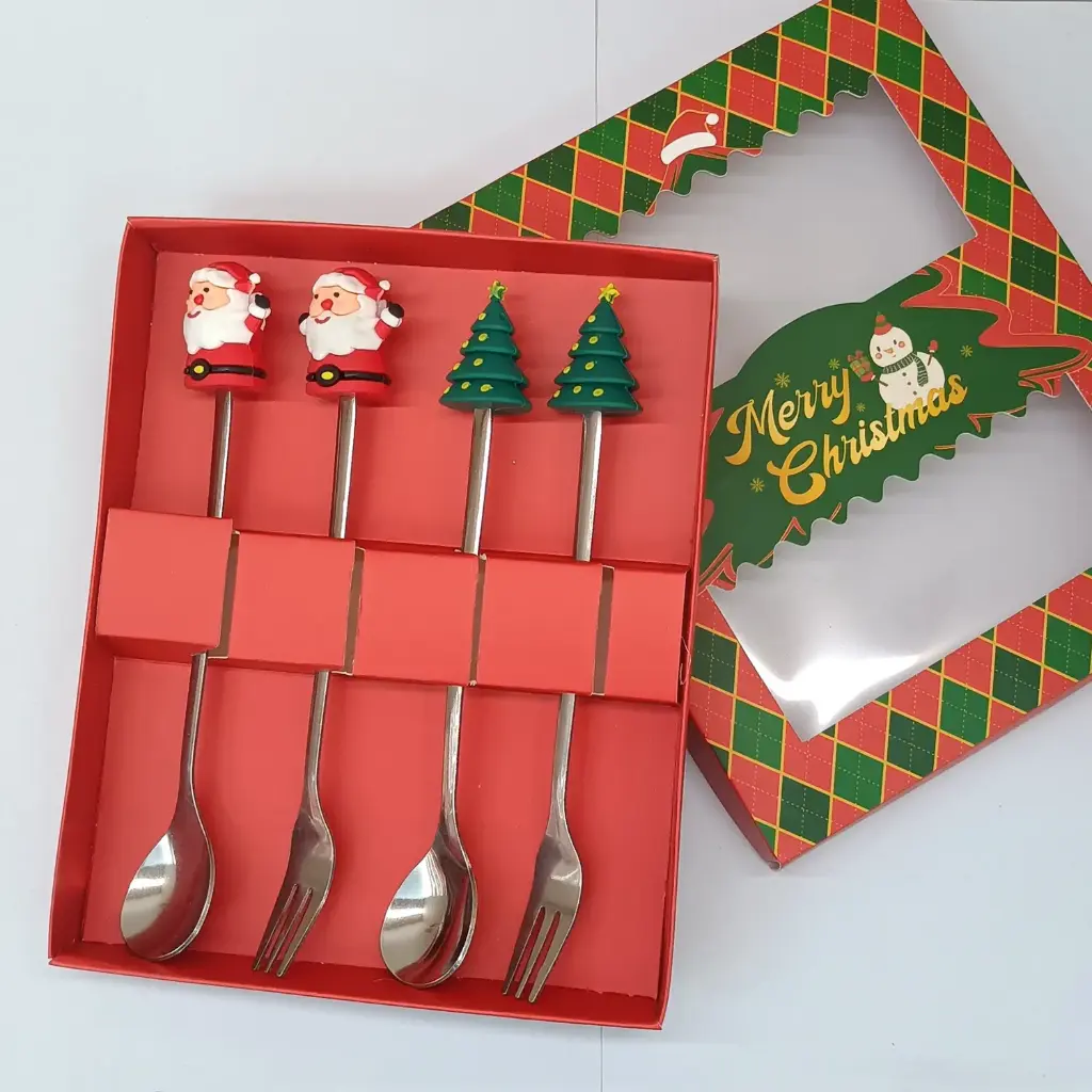 360 HOME CHRISTMAS CUTLERY SET SILVER MACHINE TRHOW FIGURINE SPOON FORK 4PCS CHRISTMAS RED BOX 