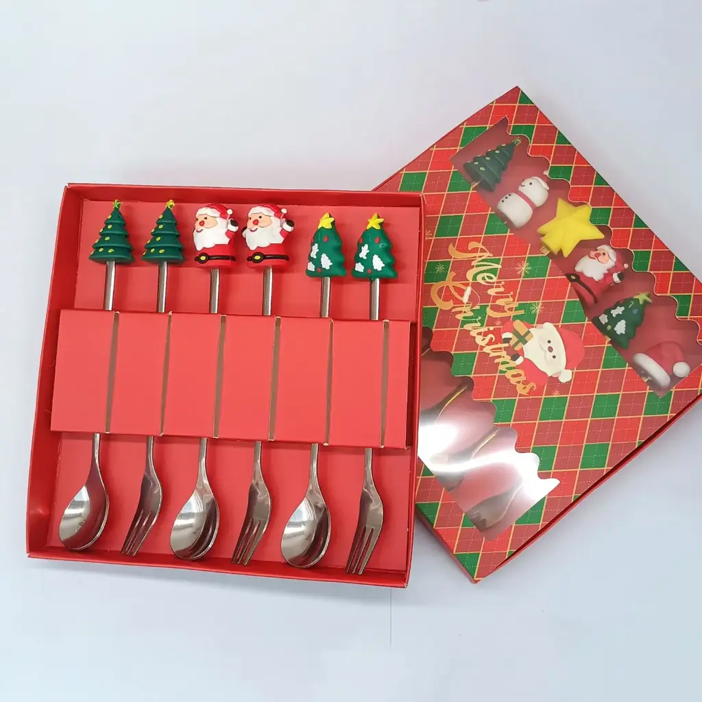 360 HOME CHRISTMAS CUTLERY SET SILVER MACHINE FLIP FIGURINE SPOON FORK 6PCS CHRISTMAS RED BOX 