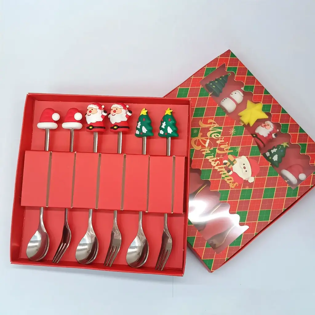 360 HOME CHRISTMAS CUTLERY SET SIVER MACHINE THROW FIGURINE SPOON FORK 6PCS CHRISTMAS RED BOX 
