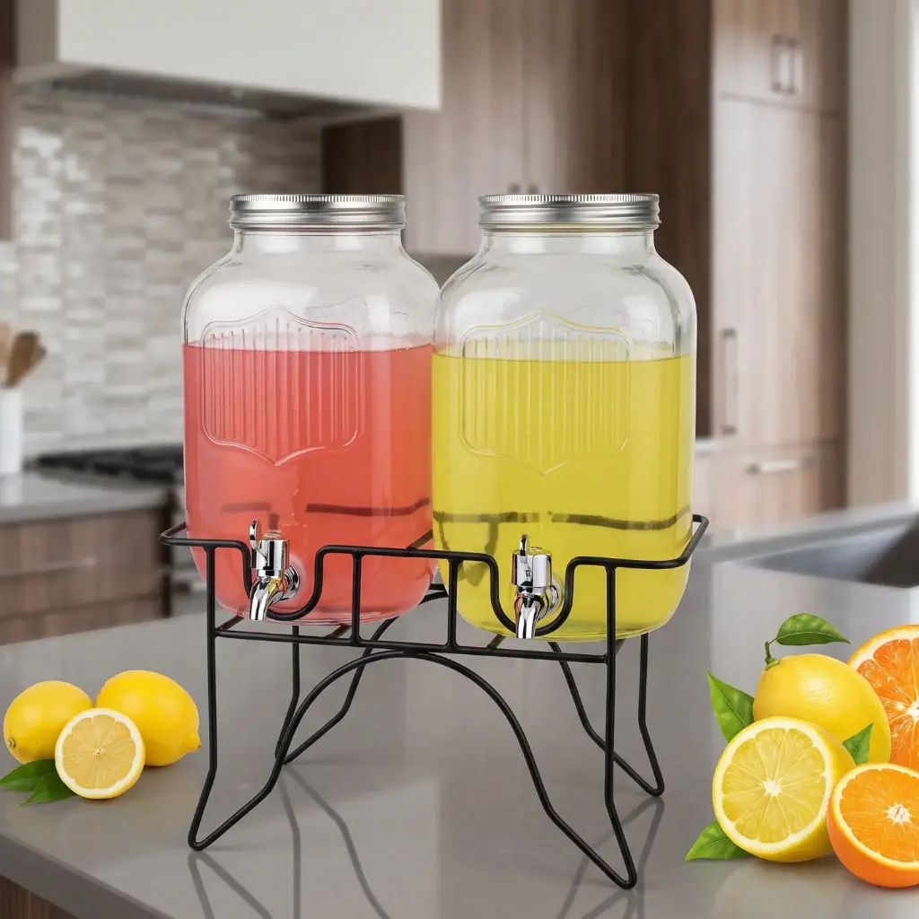 360 home double glass beverage dispenser with metal stand and two tap 4ltr set 2pcs