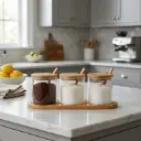 360 HOME 3-piece glass condiment/storage jar set with bamboo lids, spoons, and bamboo tray 