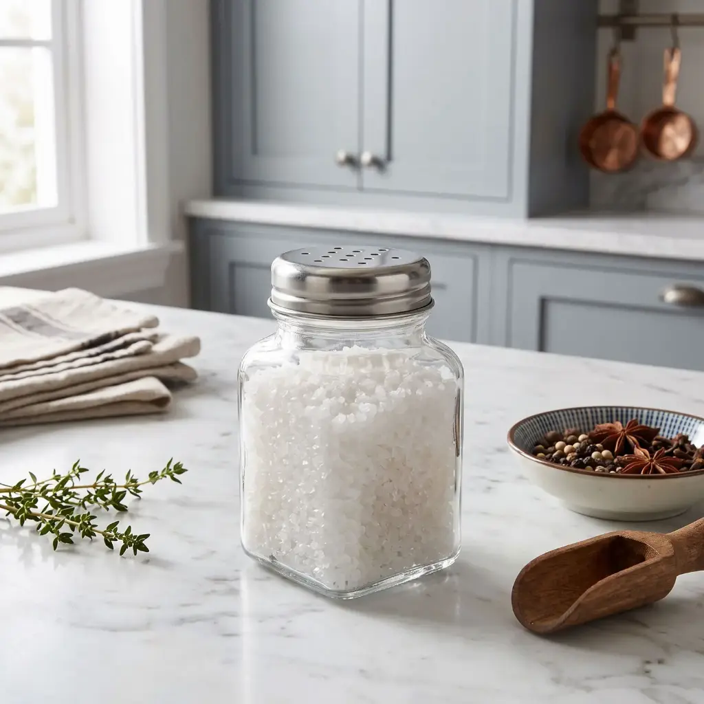 360 HOME glass spice shaker with a stainless steel perforated lid