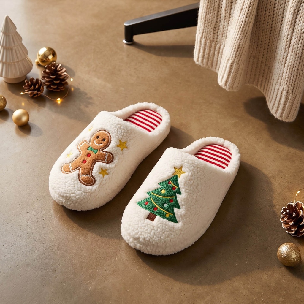 360 COTTON CHRISTMAS SLIPPERS 36-41 Christmas tree and gingerbread man design